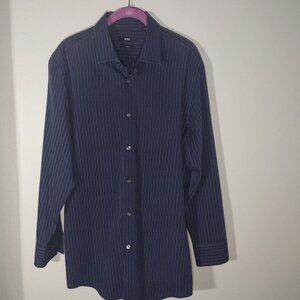 Boss Slim Fit Button Up Long Sleeve Shirt Men’s 16 32/33 Navy Blue Striped